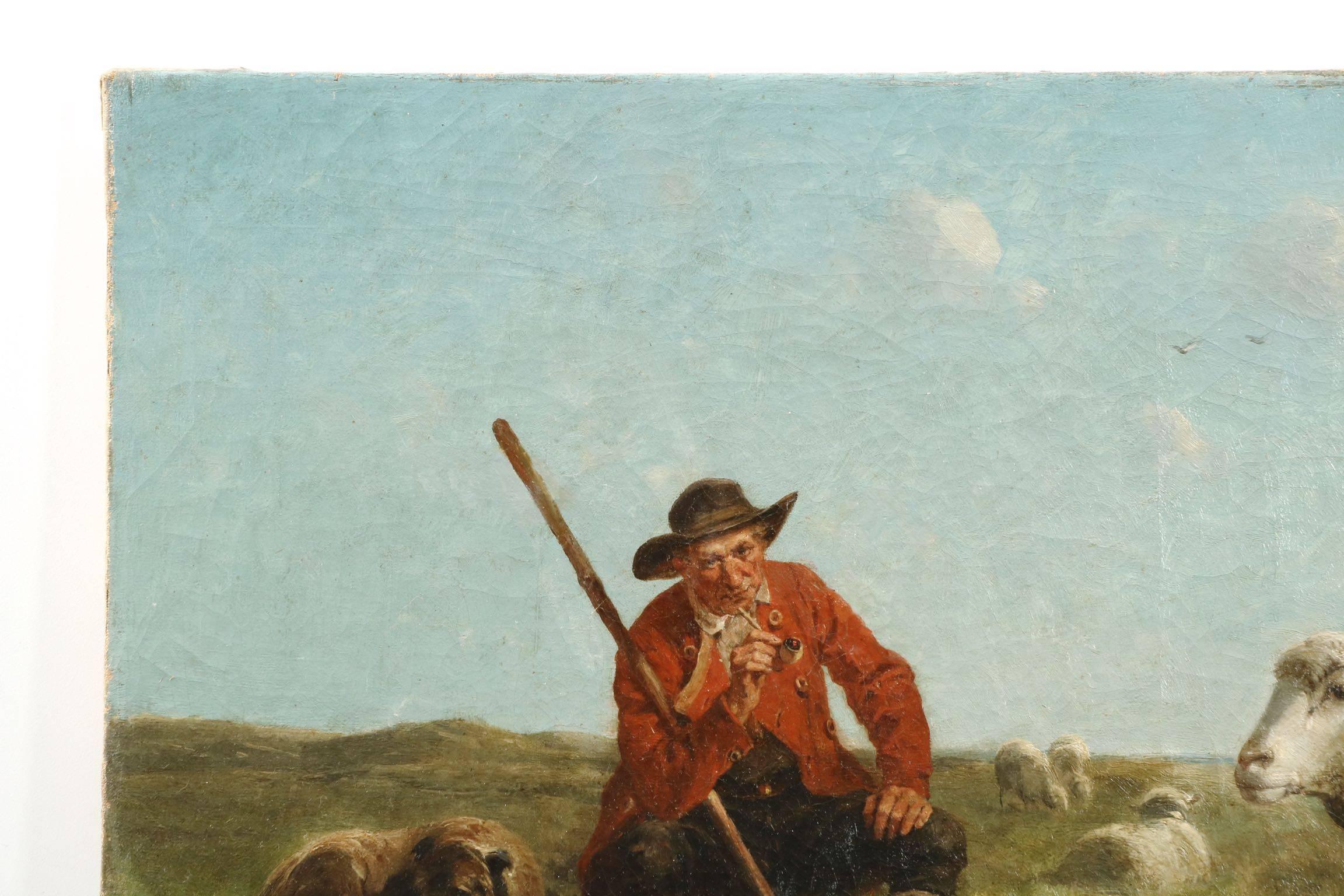 A finely detailed unframed scene of a middle age shepherd watching over his sheep as they graze over an open pasture, the calming scene captures the essence of a relaxing afternoon. The open sky is bright and almost free of cloud cover, a horizon