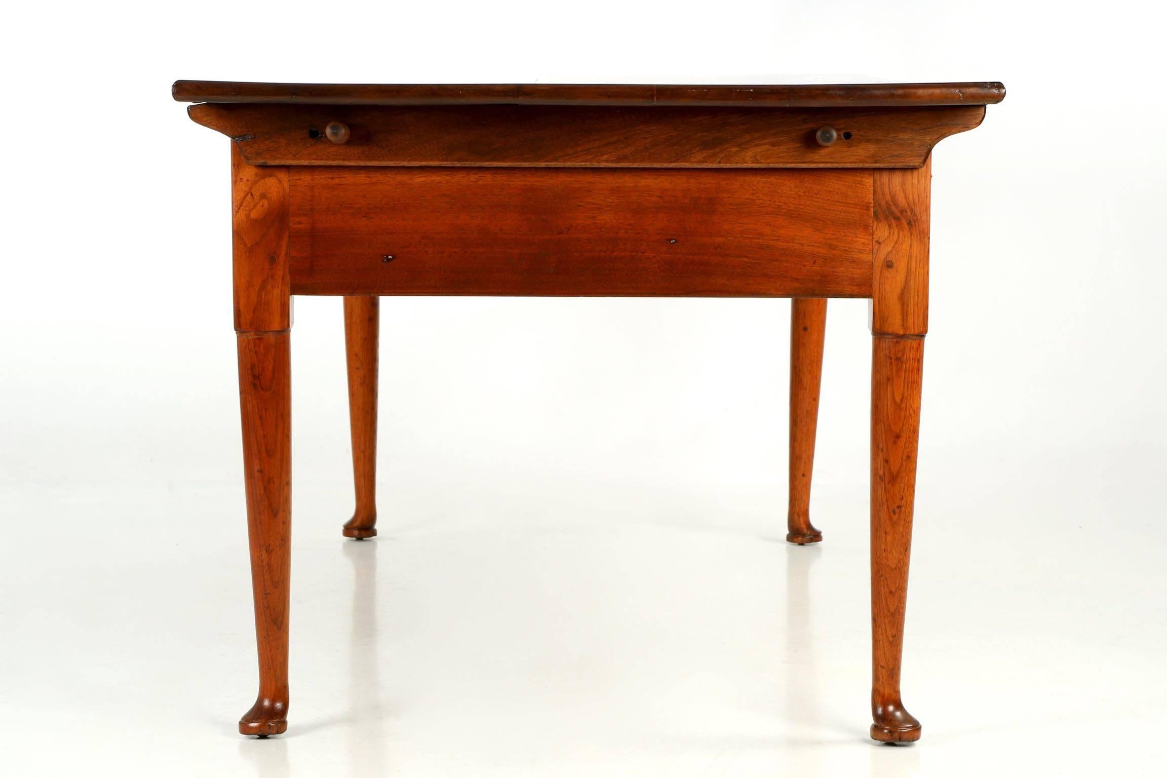 Brass American Queen Anne Inlaid Walnut Three-Drawer Antique Tavern Table Desk