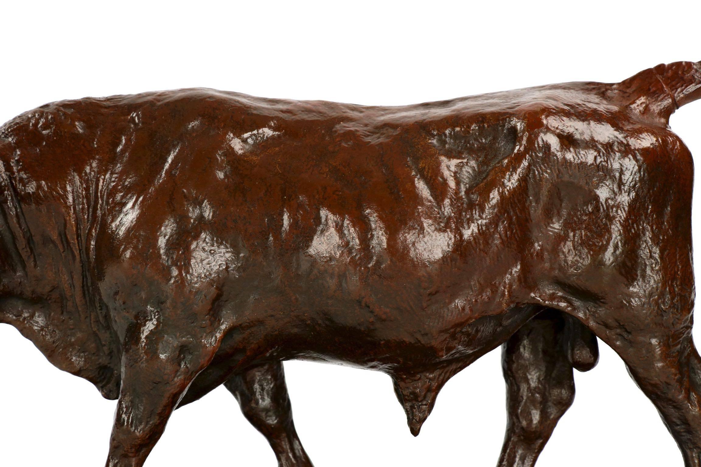 A rare and fine work that is extensively documented in the relatively small body of Rosa Bonheur’s work in bronze, the model captures a walking bull over a naturalistic base. A treacherous and powerful animal, he is portrayed as a lean and