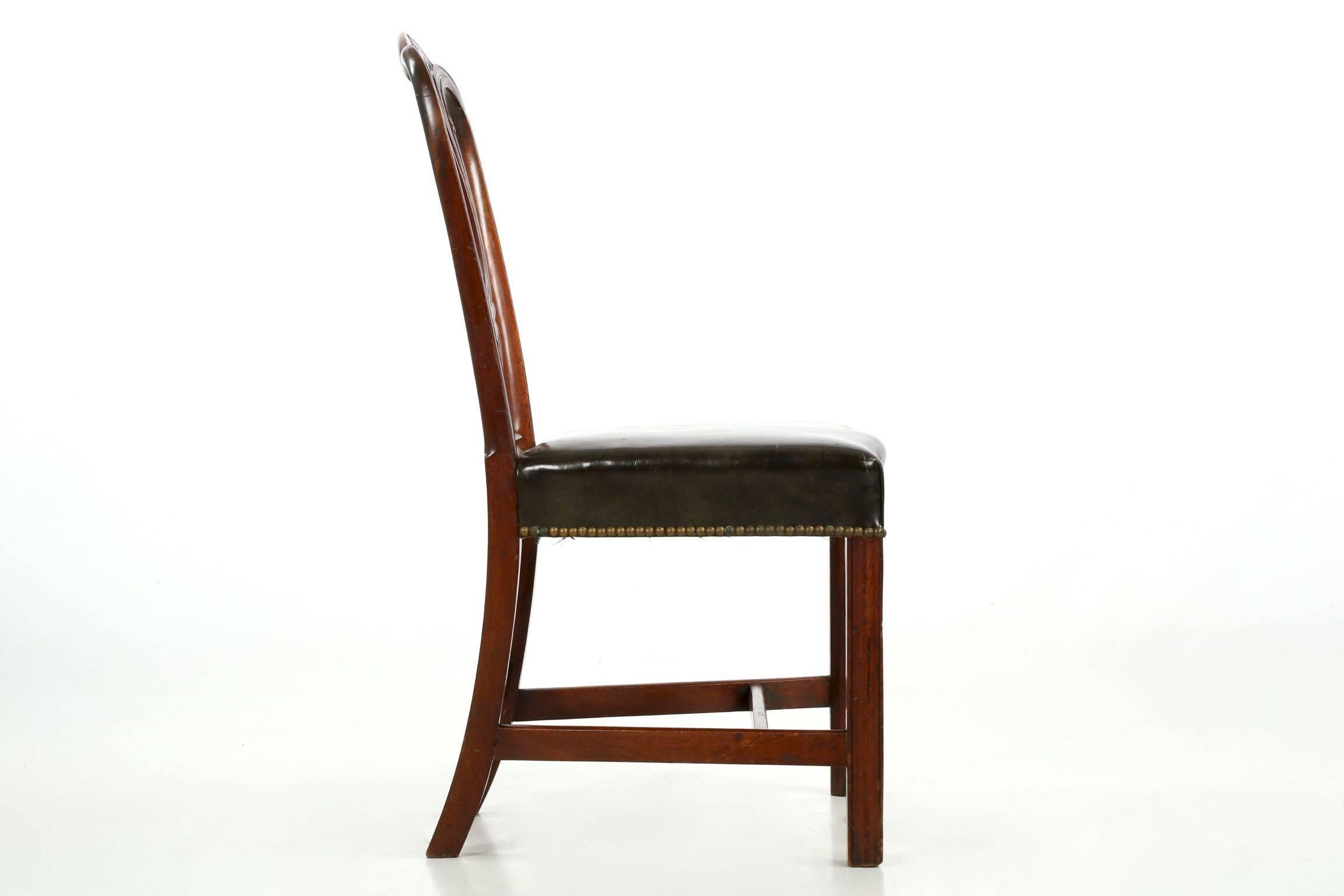 British English Georgian Carved Mahogany Leather Antique Side Chair, Late 18th Century