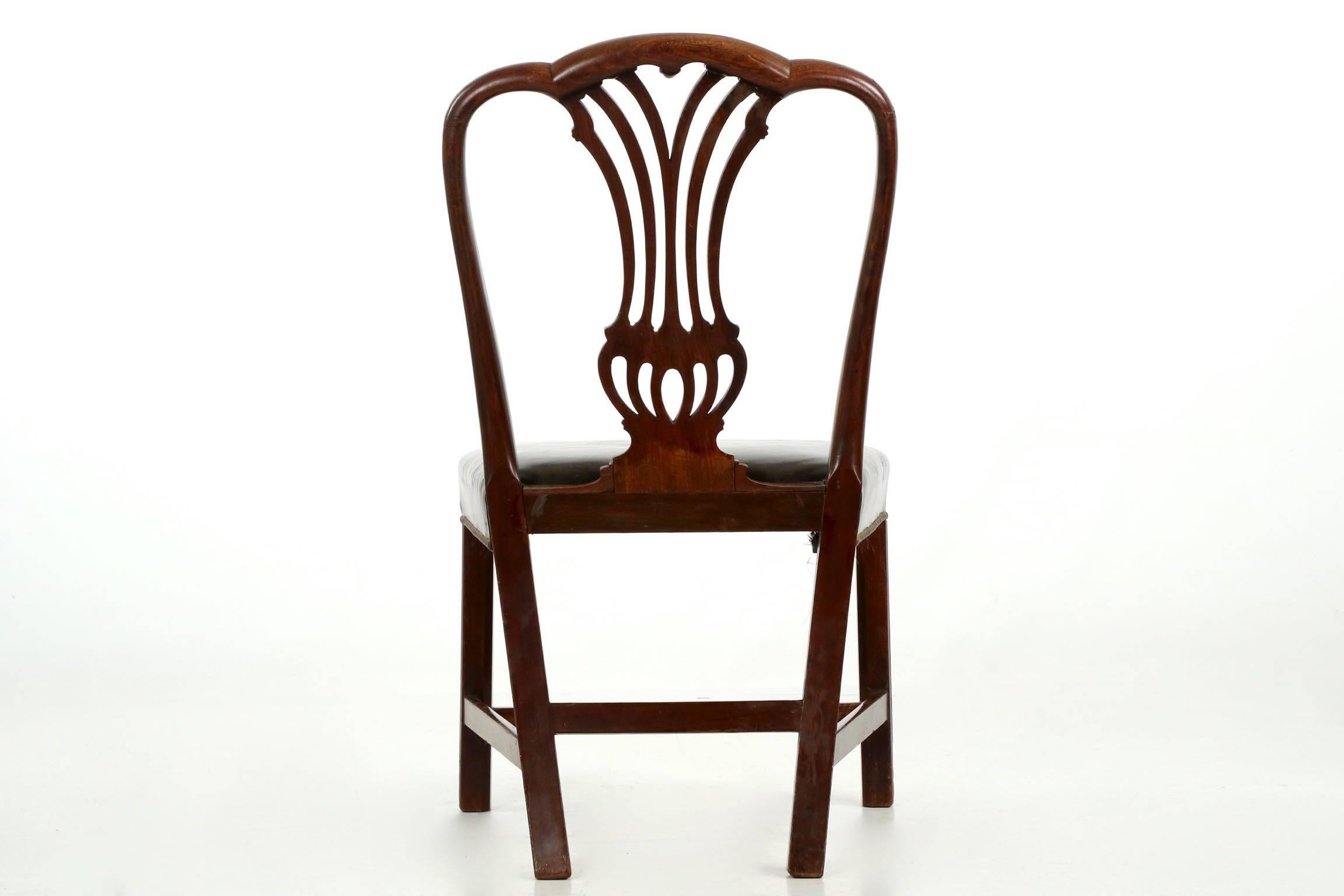 British English George III Carved Mahogany Antique Leather Side Chair, Late 18th Century