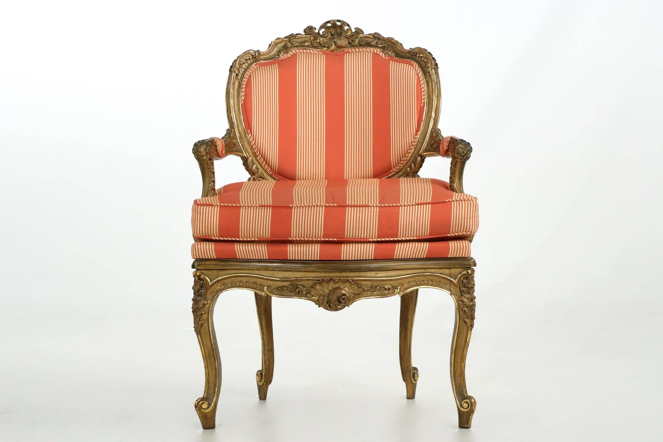 Crafted most likely in France during the third quarter of the 19th century, this finely carved giltwood chair is a wonderful accent piece with it’s curvy Rococo seat back form walks a delicate balance between the heavy and light. A sense of airy