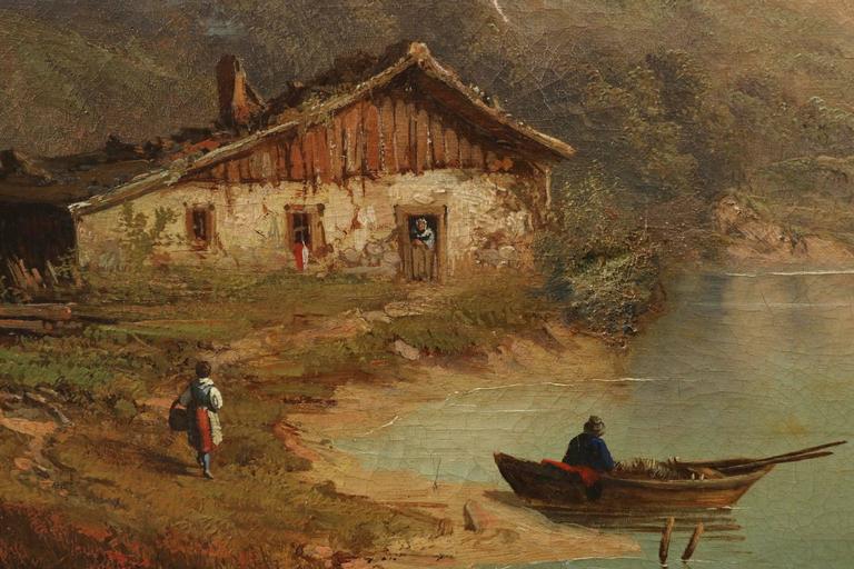 Large Antique Landscape Painting of Mountains over Cabin by Lake, 19th