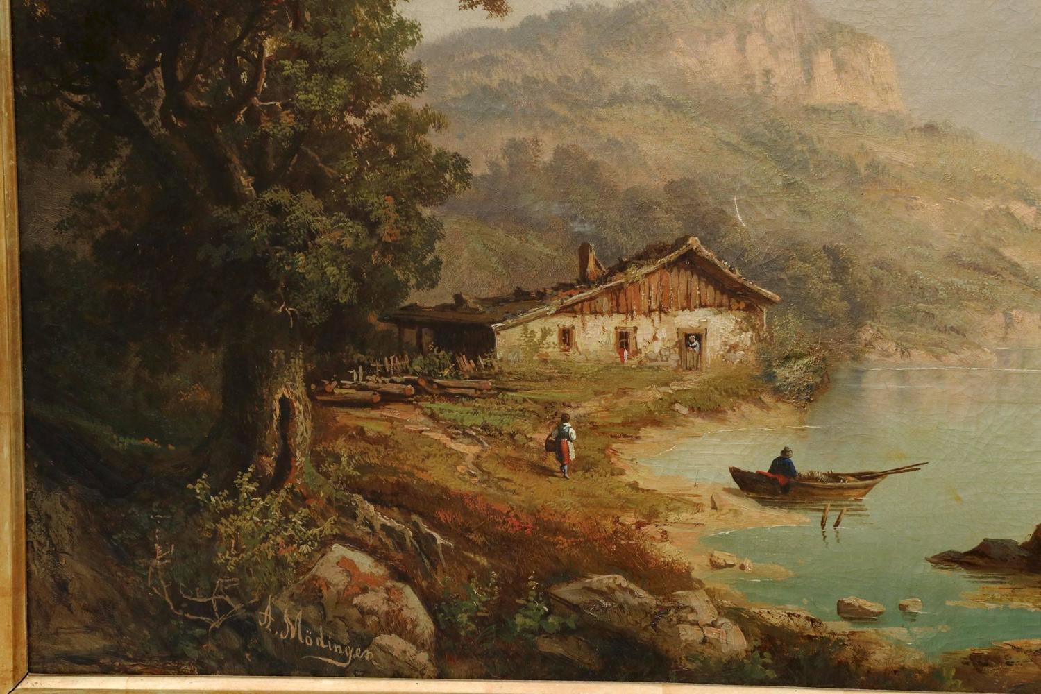 Large Antique Landscape Painting of Mountains over Cabin by Lake, 19th