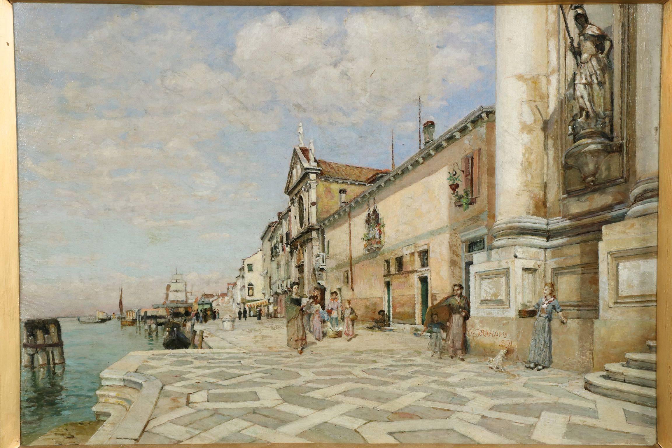 A work that is executed with subtlety and an interesting brush touch, the painting captures a view along the water’s edge in Venice, a look at daily life during the era. There is a certain translucence to the handling of the surface that is almost