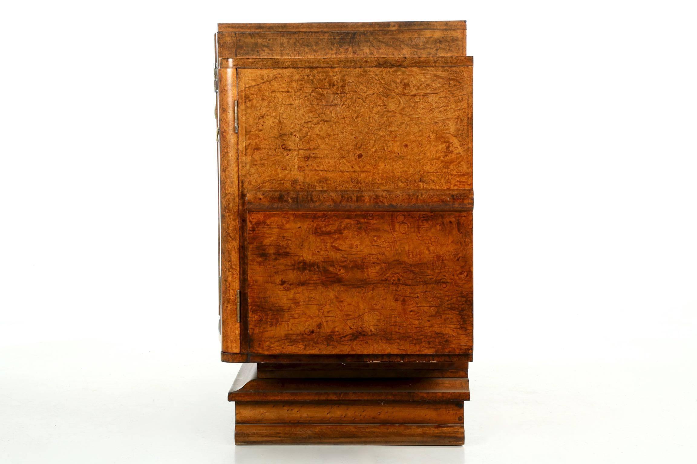European Art Deco Amboyna Veneered Stepped Console Cabinet with Drawers, circa 1930