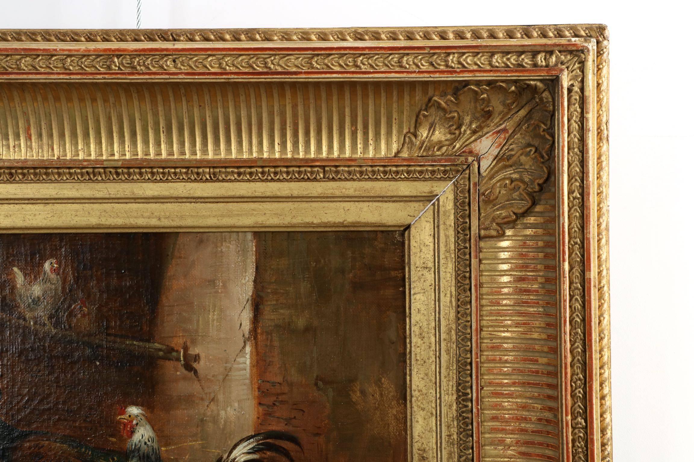 Barnyard Painting of Chickens, Peacock and Ducks by Claude Guilleminet In Excellent Condition In Shippensburg, PA