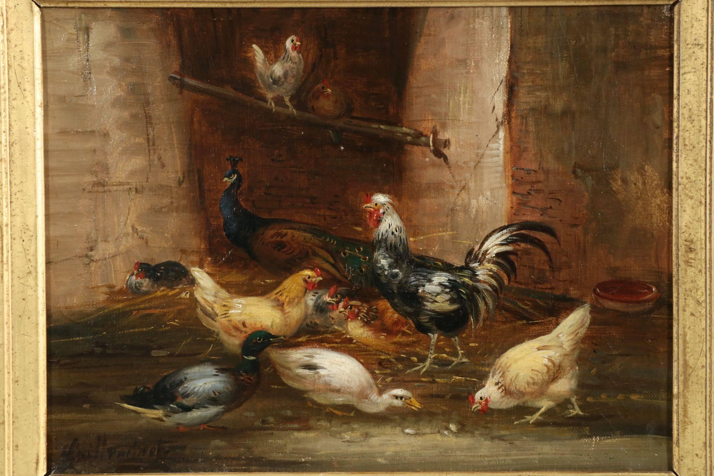 This recently conserved piece remains in impeccable condition, housed in what appears to be it’s original burnished gold frame, this of particularly fine quality. The scene captures a dark corner of the farm yard where a group of birds have gathered