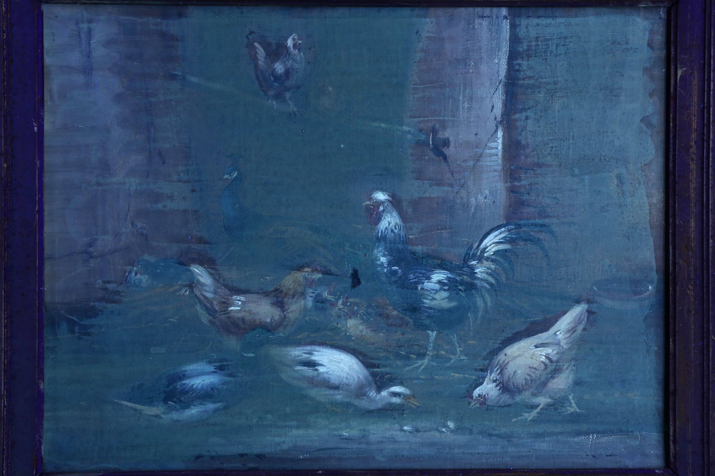 Canvas Barnyard Painting of Chickens, Peacock and Ducks by Claude Guilleminet