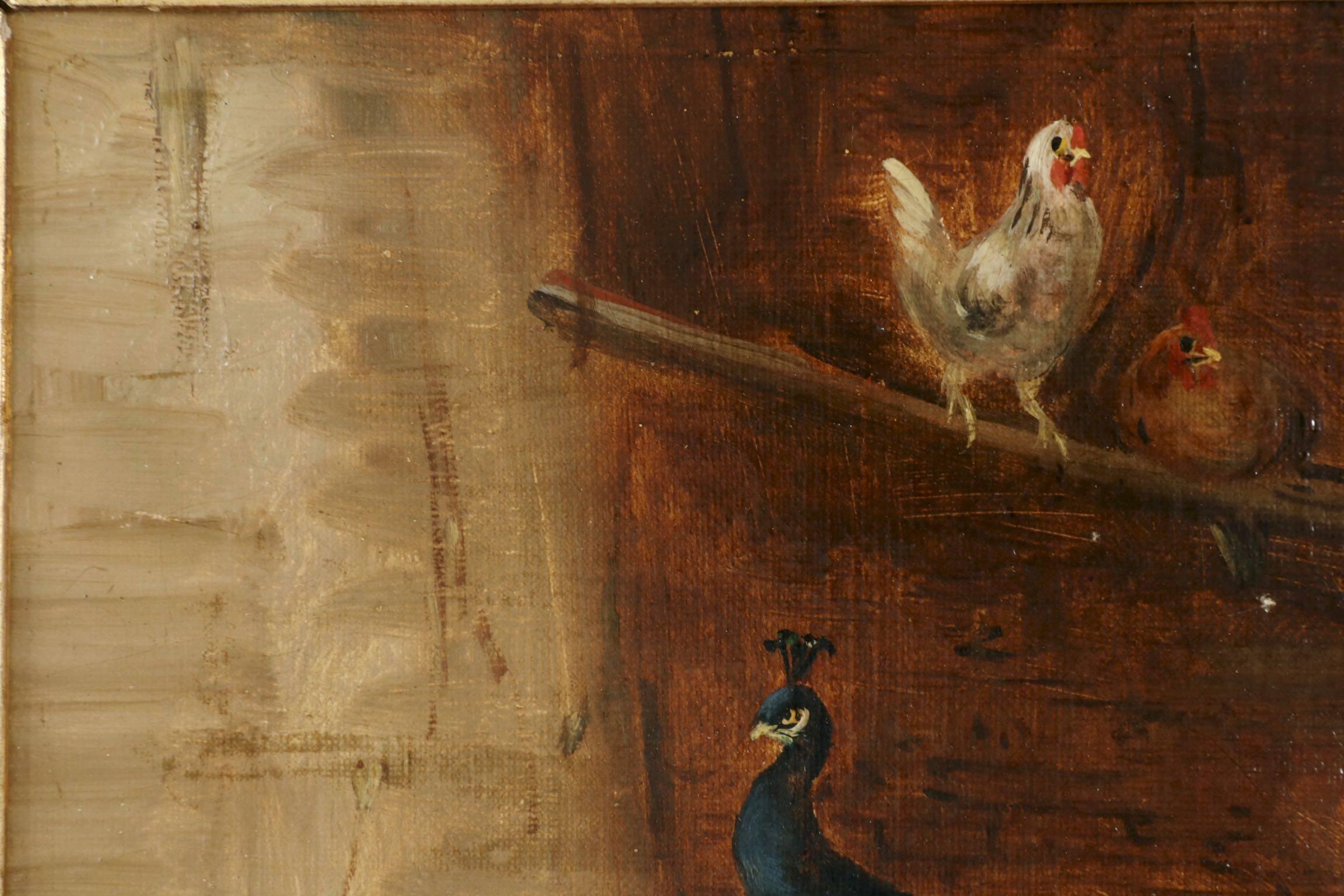 French Barnyard Painting of Chickens, Peacock and Ducks by Claude Guilleminet
