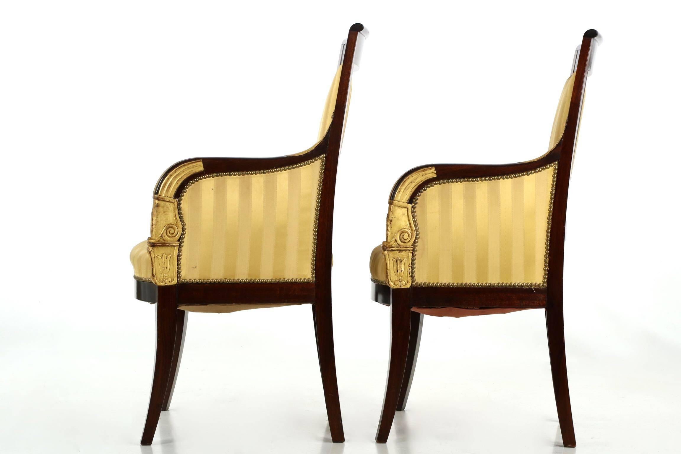 European Pair of Parcel-Gilt and Mahogany Antique Armchairs in the Empire Taste