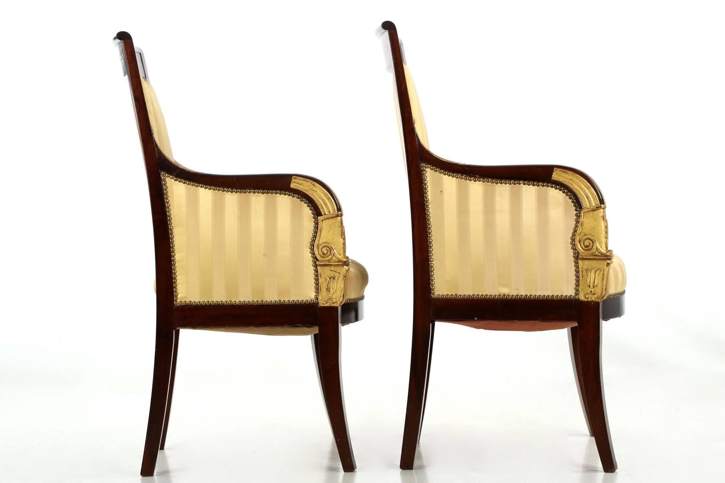 20th Century Pair of Parcel-Gilt and Mahogany Antique Armchairs in the Empire Taste
