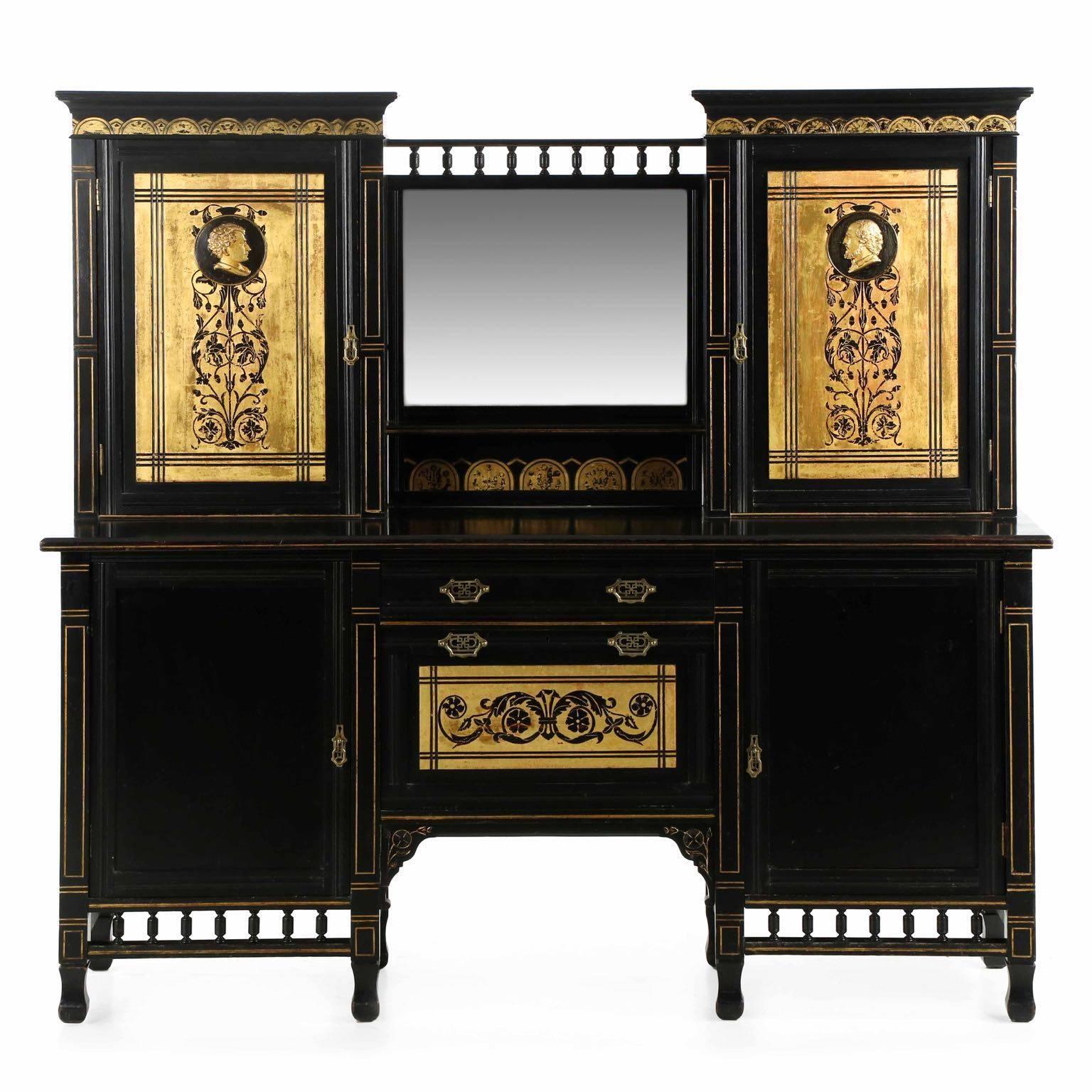 Aesthetic Movement Parcel-Gilt and Ebonized Serving Console Sideboard