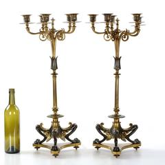 Pair of French Bronze Antique Candelabra w/ Silver Patina by Victor Paillard