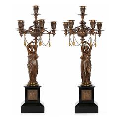 Pair of French Napoleon III Bronze Figural Candelabra by Charles Ferrat, c. 1870