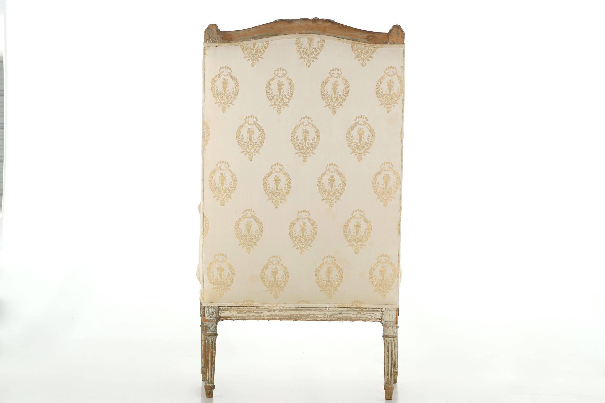 French Louis XVI Distressed Painted Antique Wingback Armchair, 19th Century In Distressed Condition In Shippensburg, PA