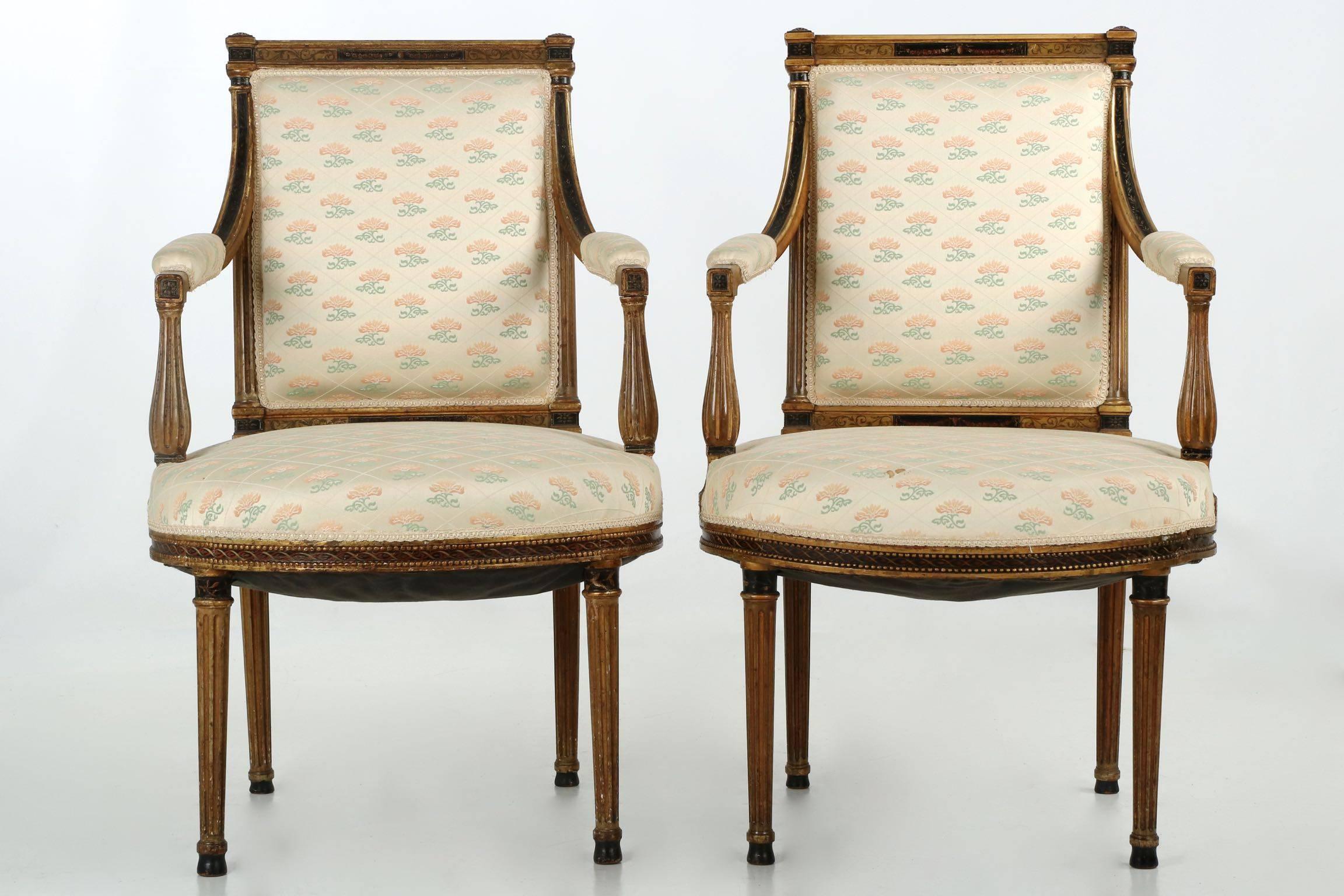Ebonized French Neoclassical Salon Suite with Settee and Pair of Armchairs, 19th Century