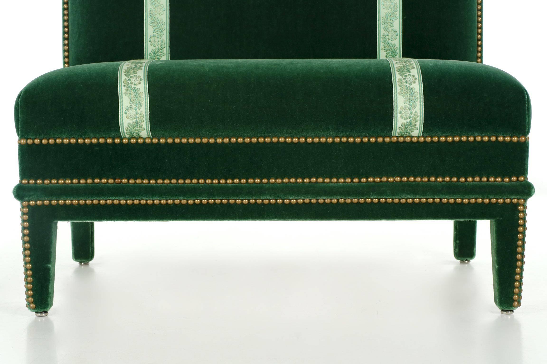 Vintage Pair of Hollywood Regency Studded Green Velvet Armless Chairs 4