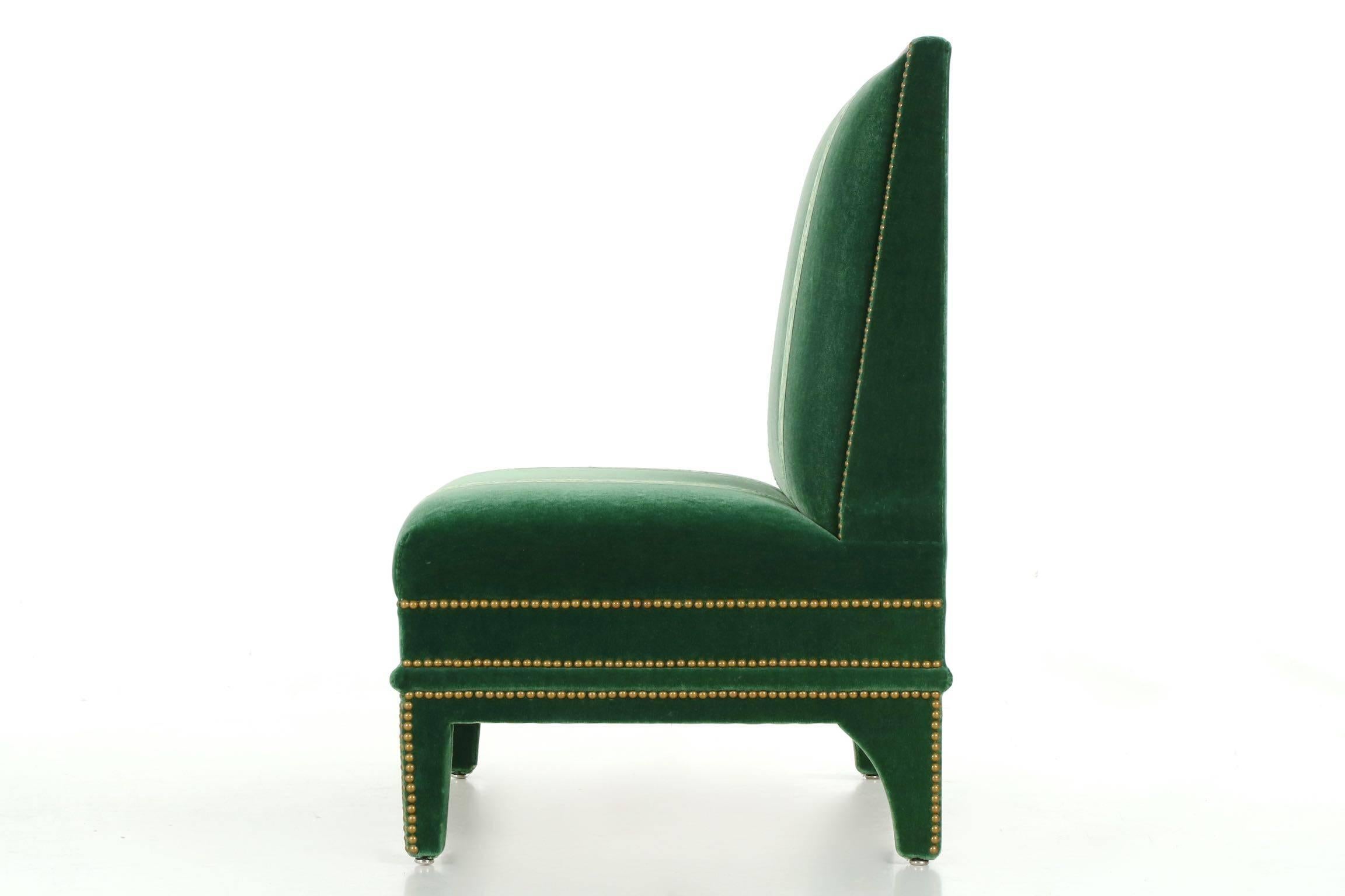 20th Century Vintage Pair of Hollywood Regency Studded Green Velvet Armless Chairs