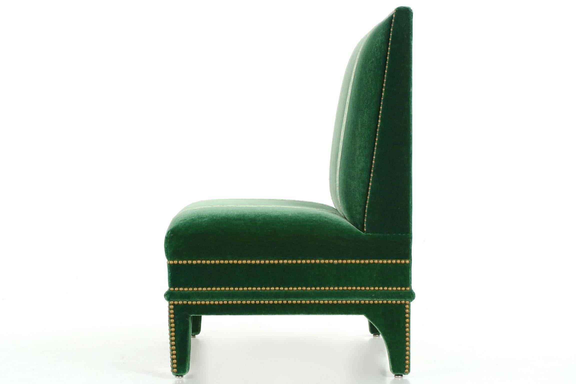 Vintage Pair of Hollywood Regency Studded Green Velvet Armless Chairs 2