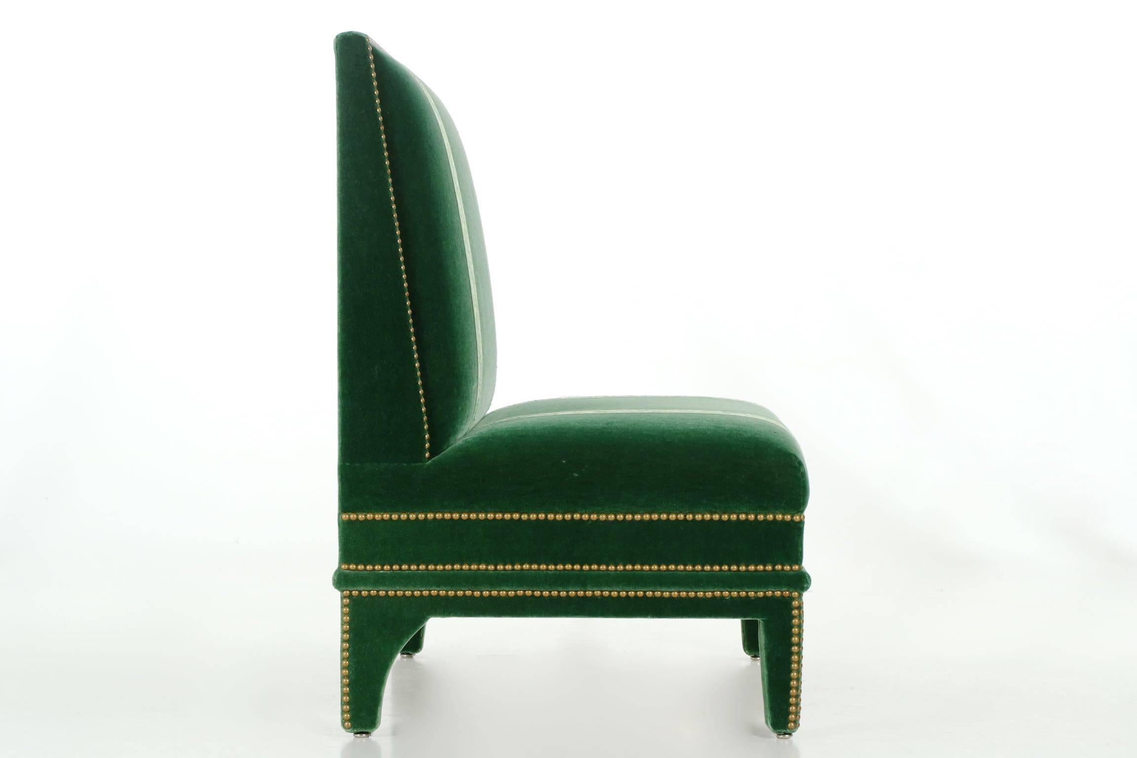 Vintage Pair of Hollywood Regency Studded Green Velvet Armless Chairs 1