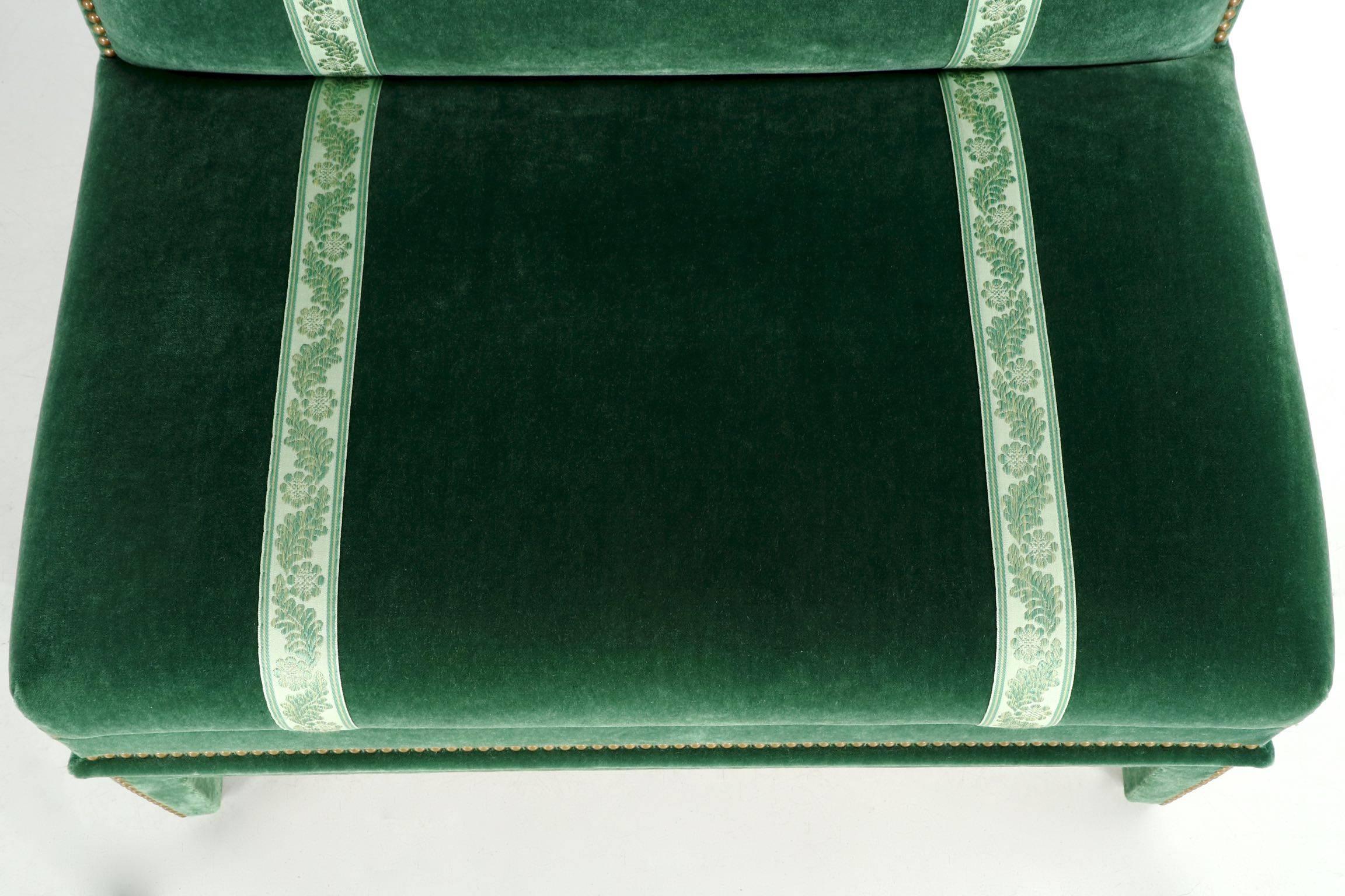 Vintage Pair of Hollywood Regency Studded Green Velvet Armless Chairs 6
