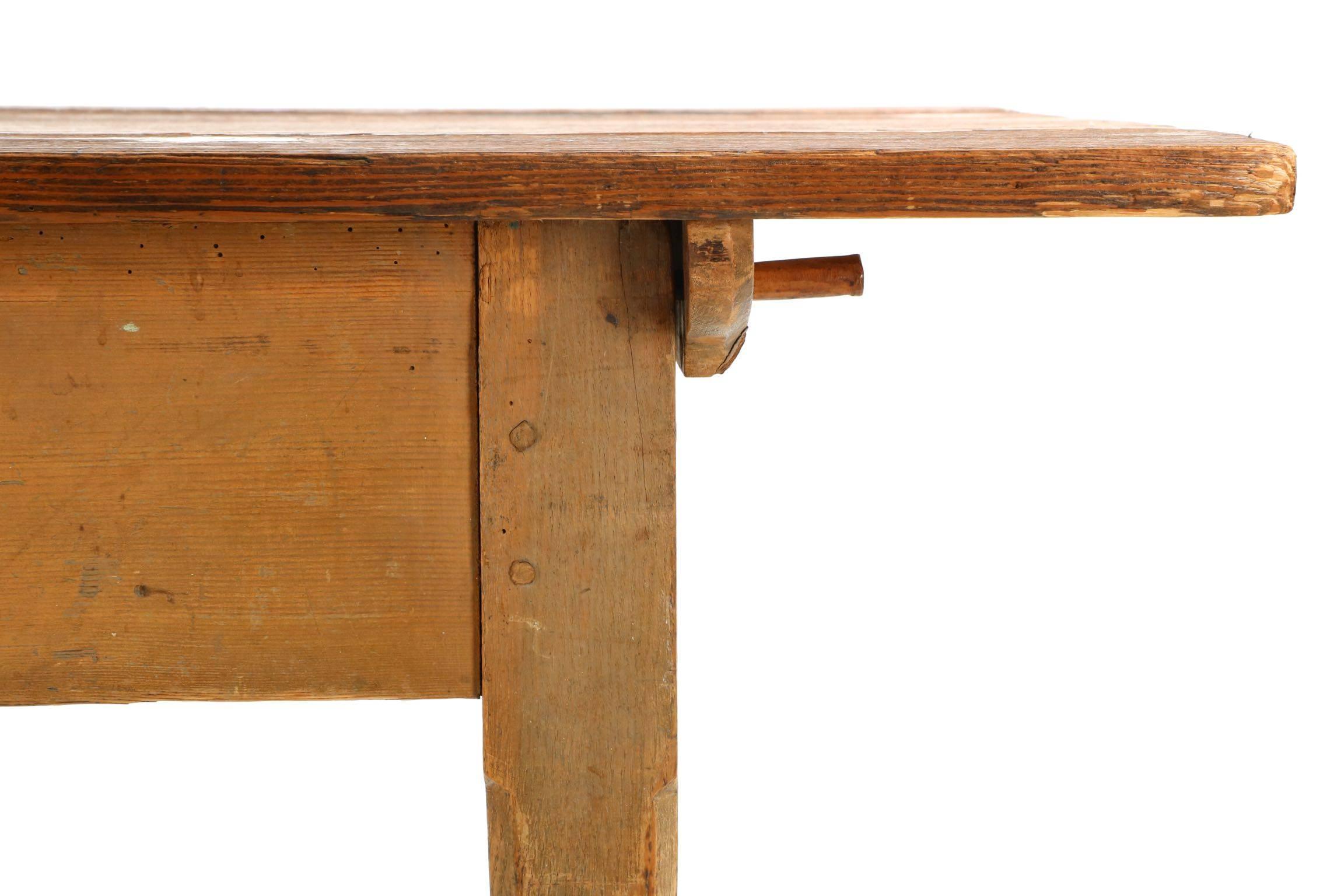 19th Century American Scrubbed Pine Harvest Farm Table in Early Ochre Paint 3
