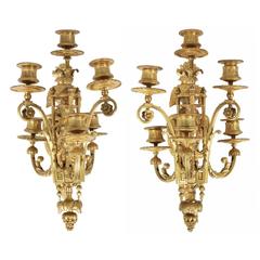 Pair of Louis XVI Style Bronze Antique Candelabra Wall Sconces, 19th Century