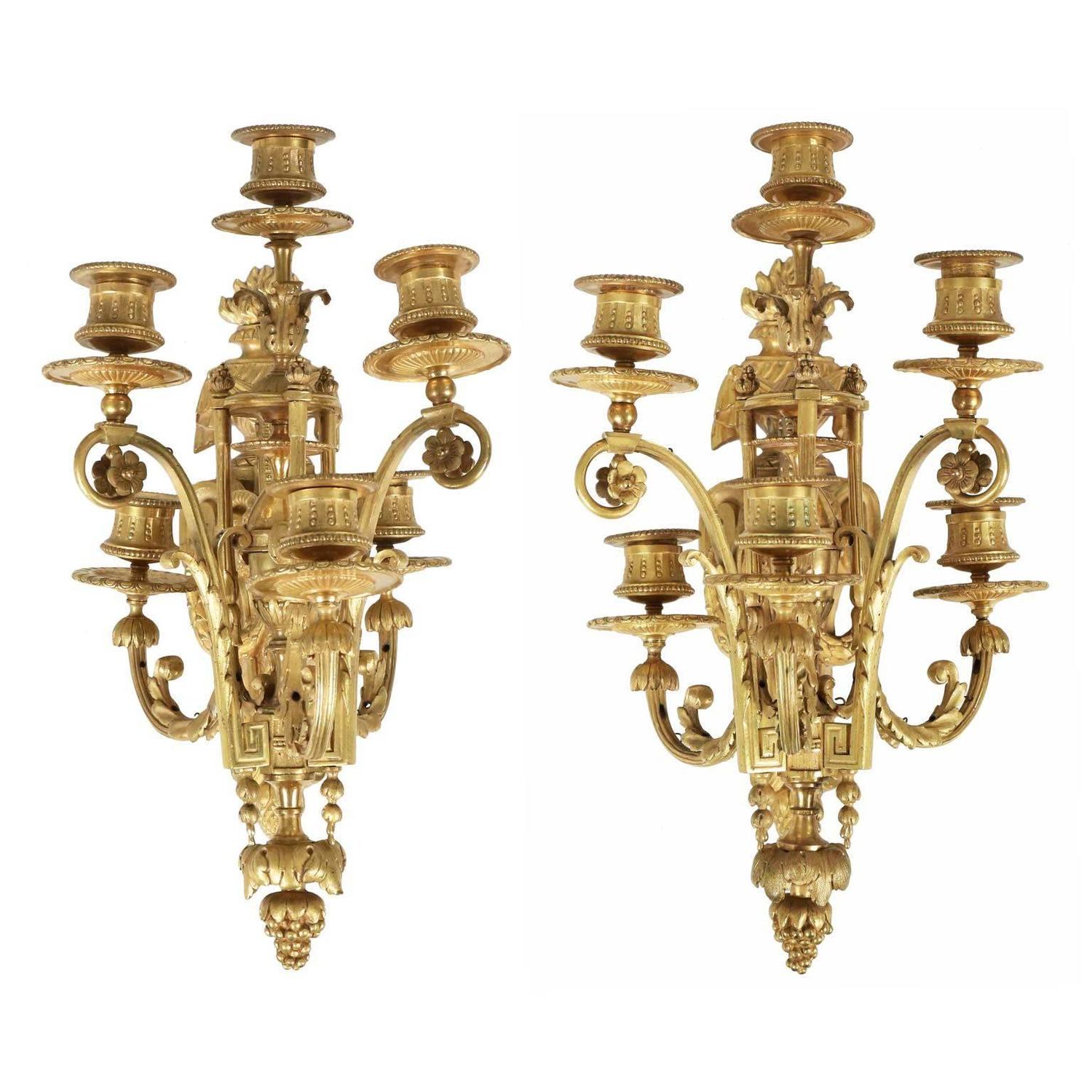 Pair of Louis XVI Style Bronze Antique Candelabra Wall Sconces, 19th