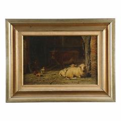 Frans Lebret, Antique Farmyard Painting of Sheep and Cow