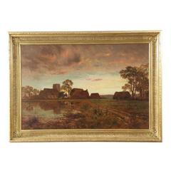 Robert Gallon Antique Landscape Painting of Farm by Pond