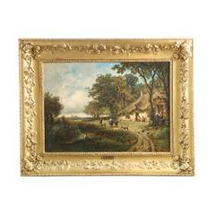 Barbizon School Antique Painting of Village Life, Signed Perret, 19th Century