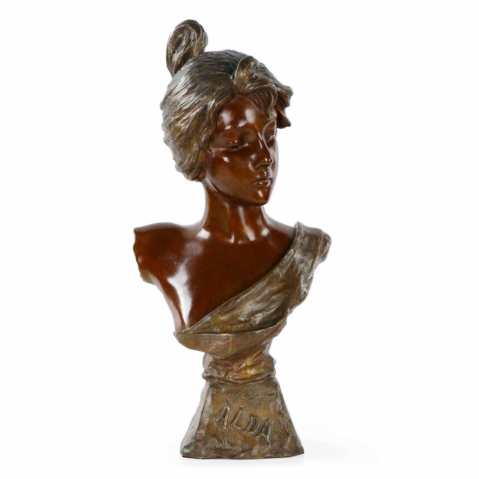 French Art Nouveau Bronze Sculpture Bust of "Alda" by Emmanuel Villanis