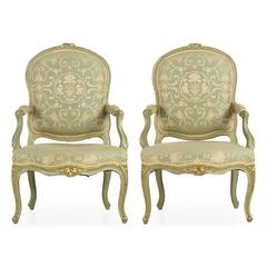 Pair of French Louis XV Style Green Painted Antique Armchairs, 19th Century