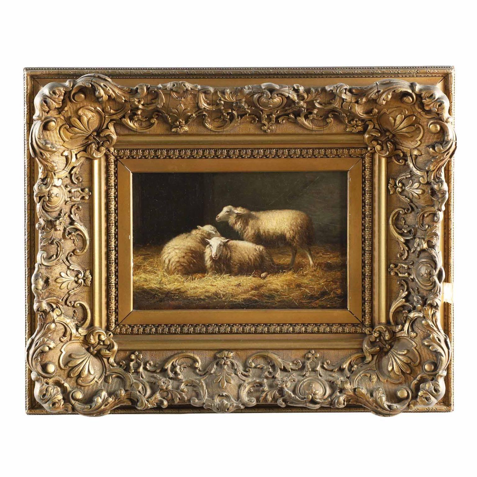 This gorgeous little scene features a trio of sheep resting in the deep piles of golden hay in the middle of a barn. The warm hues embued by the sunlight that pours through a window outside of the scene lends a deep and magnetic nostalgia to the