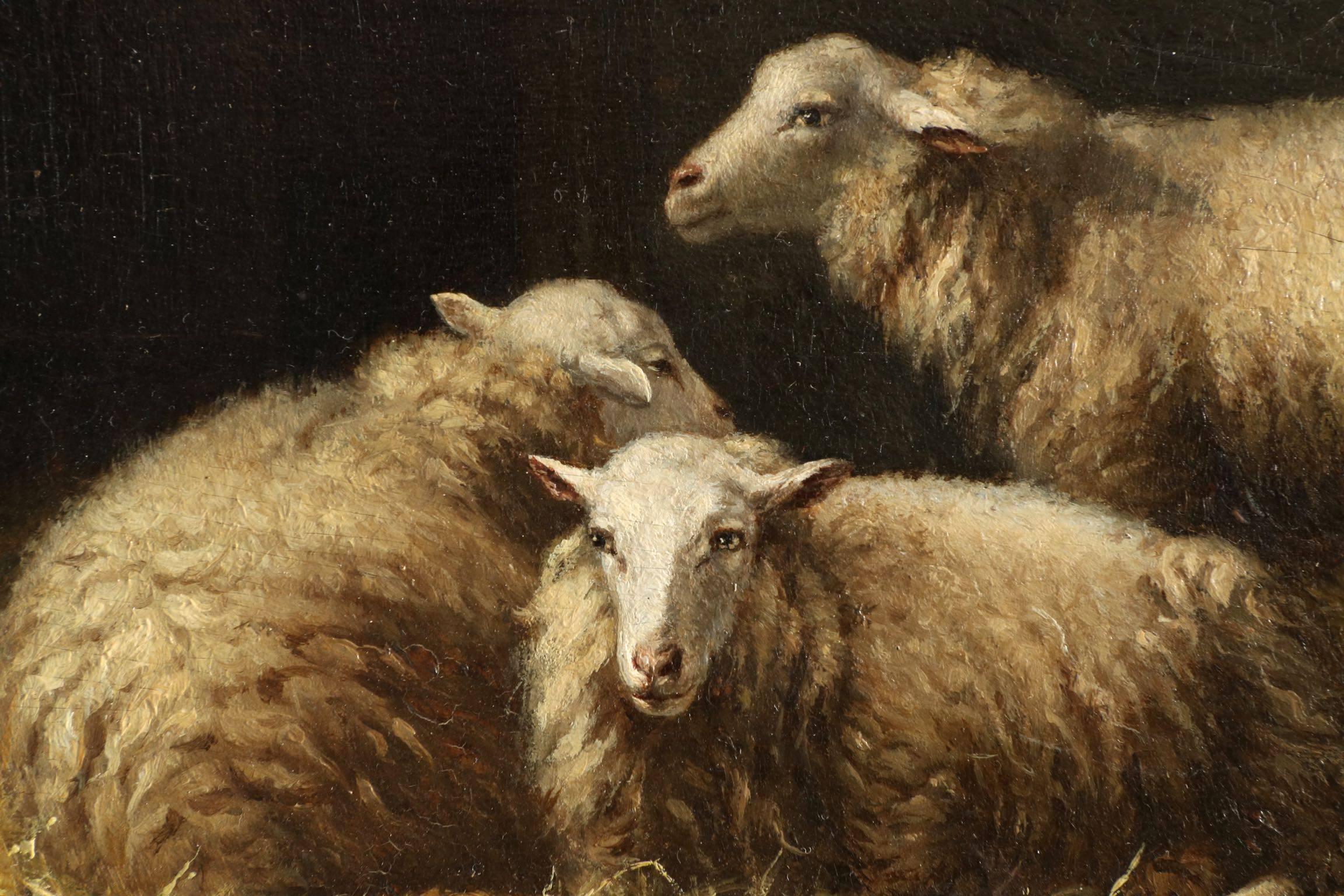 Painted Albert Smets Antique Oil Painting of Three Sheep in Barn, circa 1878