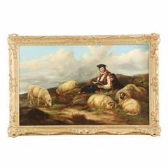 Large British Landscape Painting "Shepherd with Flock" by James Morris c. 1857