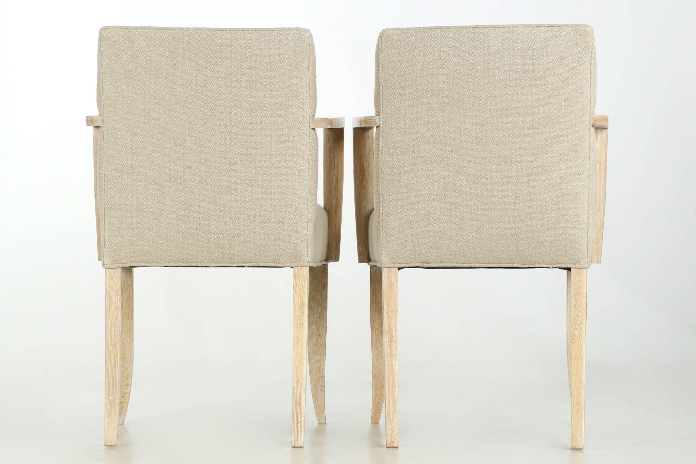 Fabric Pair of French Modern Cerused Oak Armchairs, 20th Century