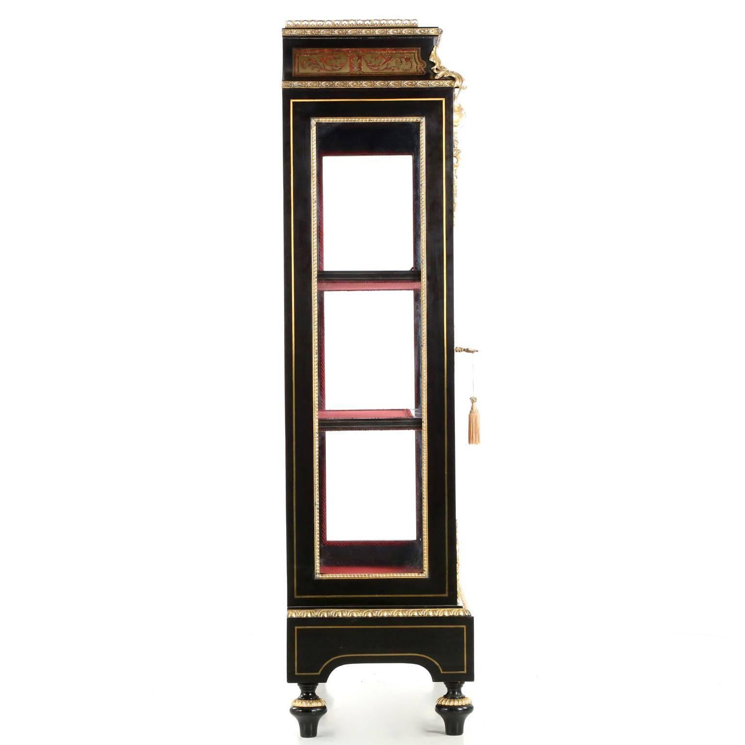 Brass French Napoleon III Style Ebonized Ormolu Bookcase Display Cabinet, 20th Century