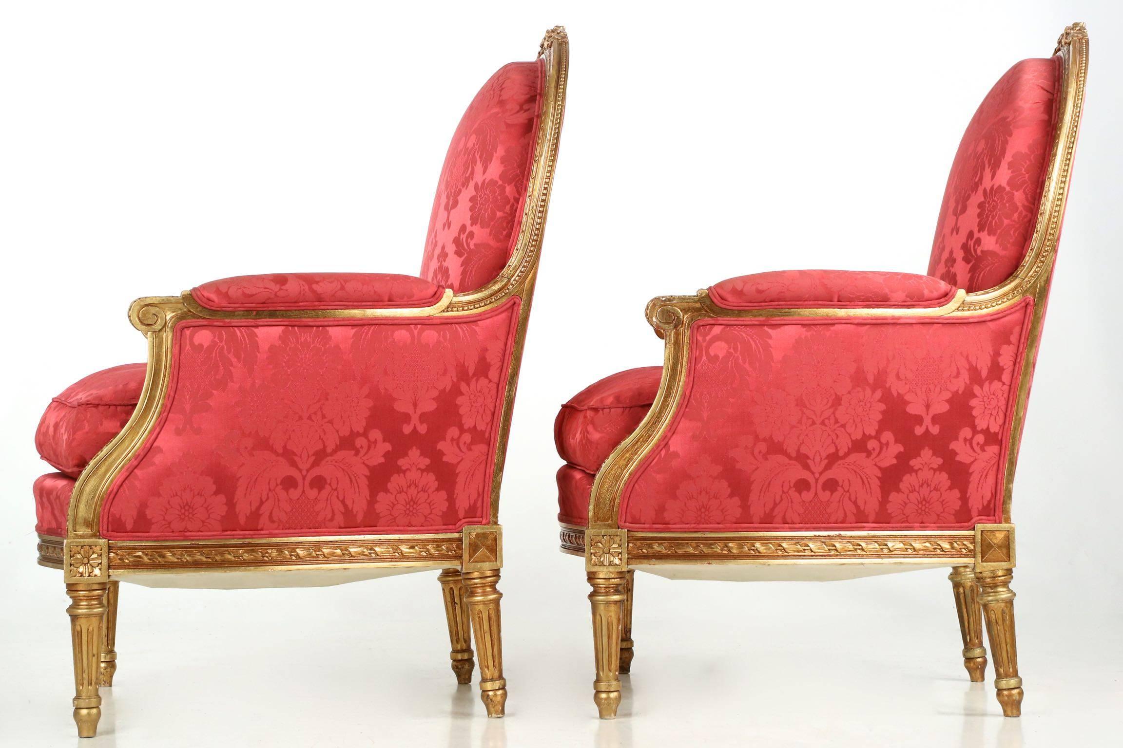 20th Century French Louis XVI Style Carved Giltwood Antique Armchairs Bergère