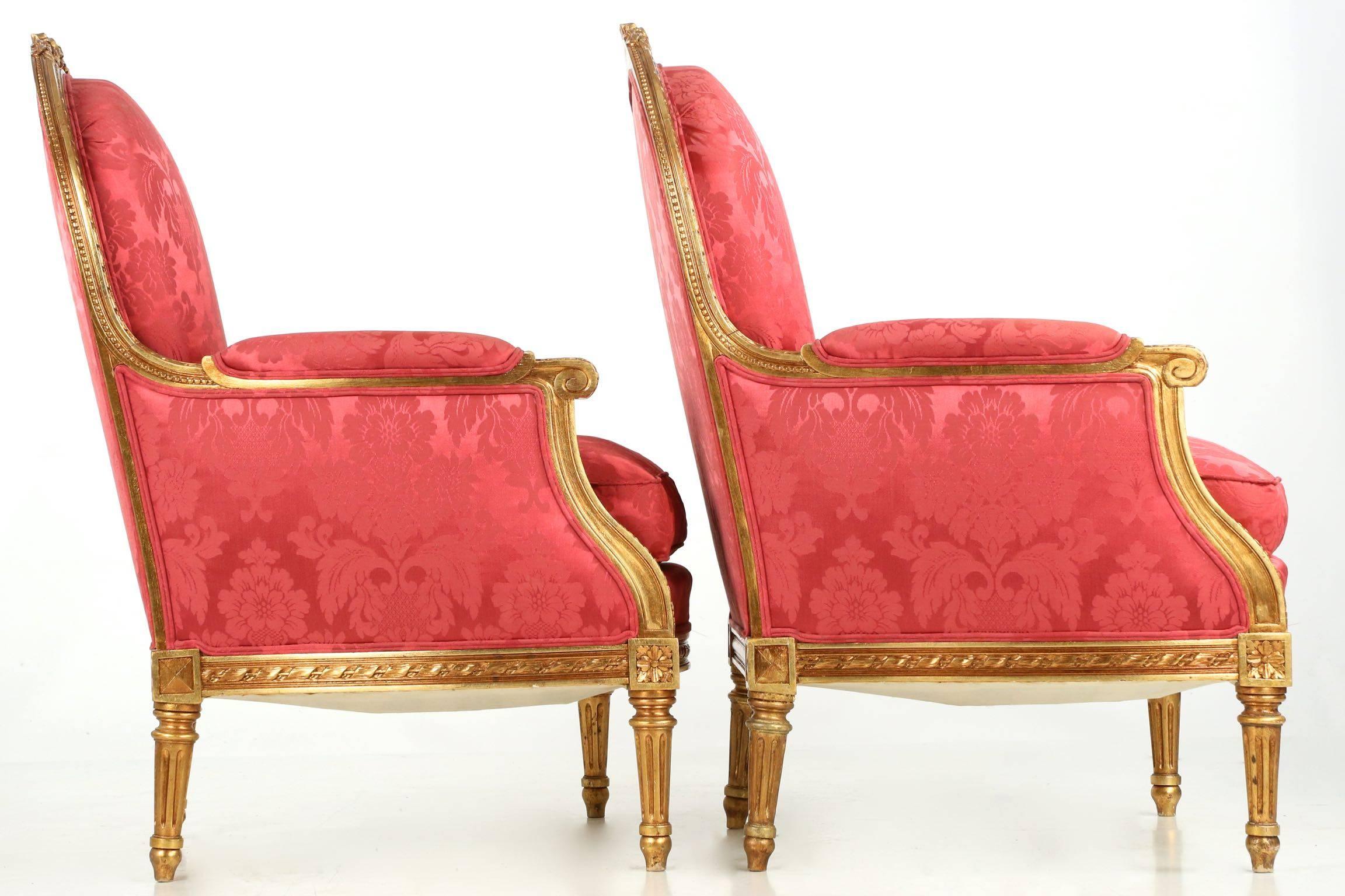 European French Louis XVI Style Carved Giltwood Antique Armchairs Bergère