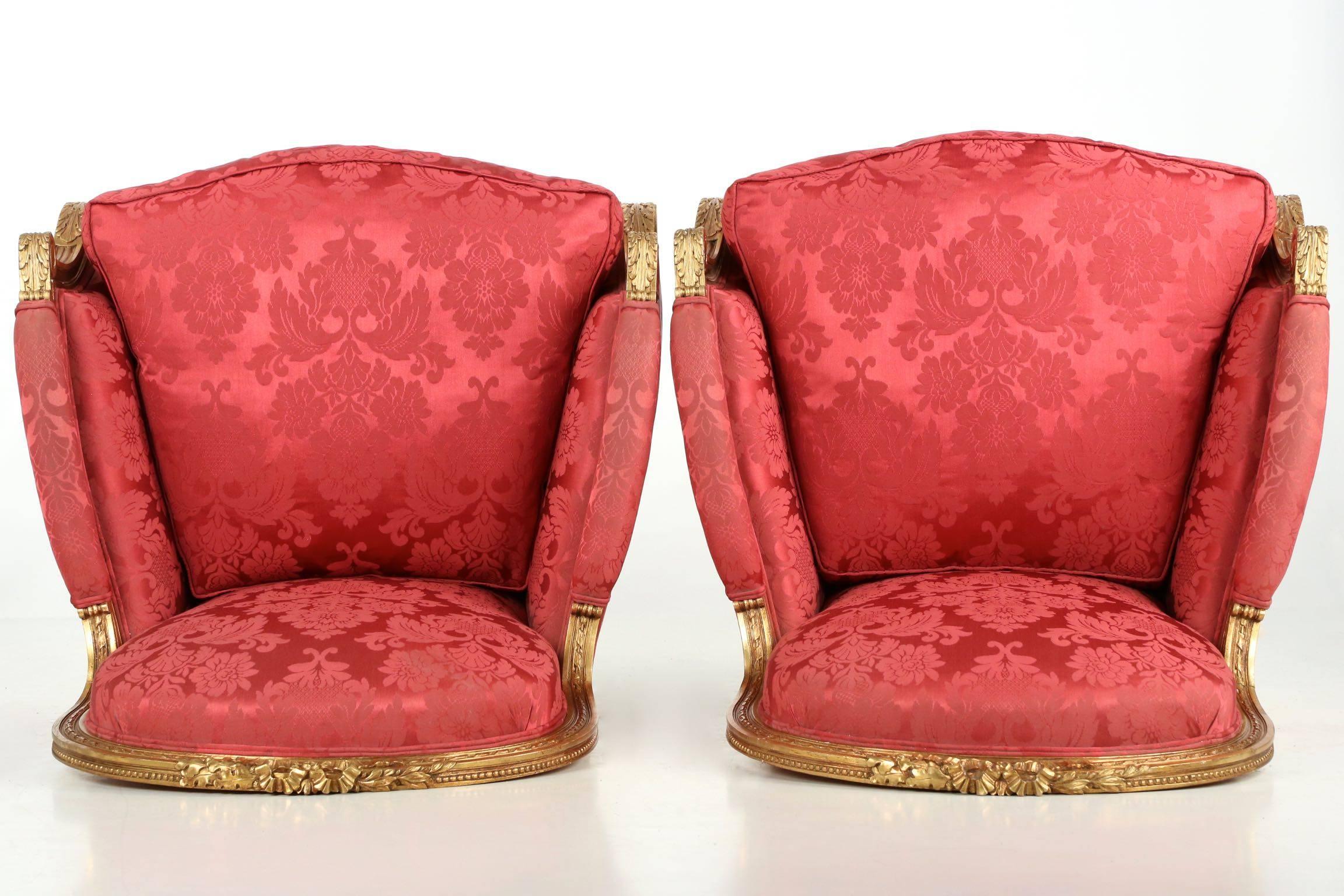 Fabric French Louis XVI Style Carved Giltwood Antique Armchairs Bergère