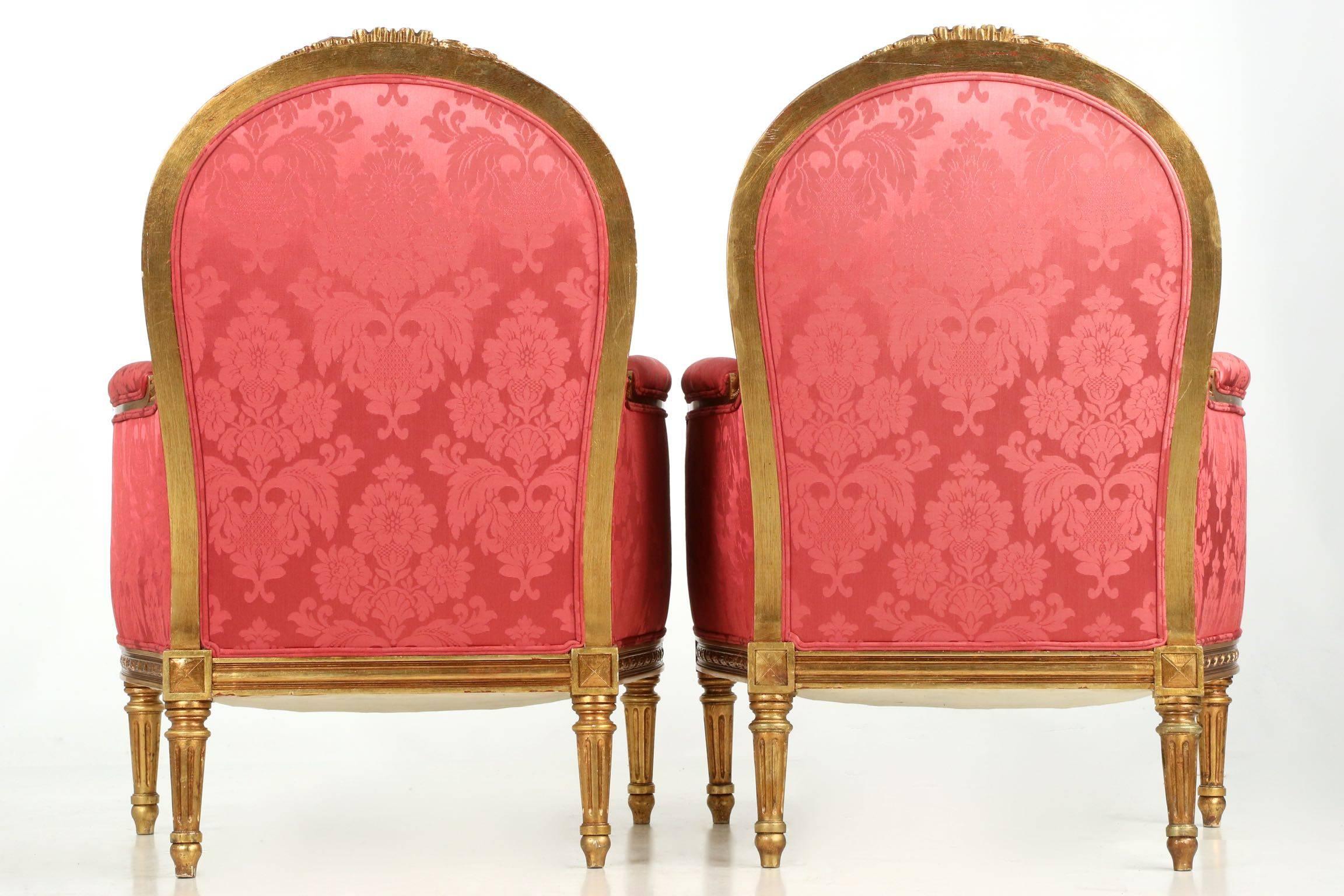 French Louis XVI Style Carved Giltwood Antique Armchairs Bergère In Excellent Condition In Shippensburg, PA