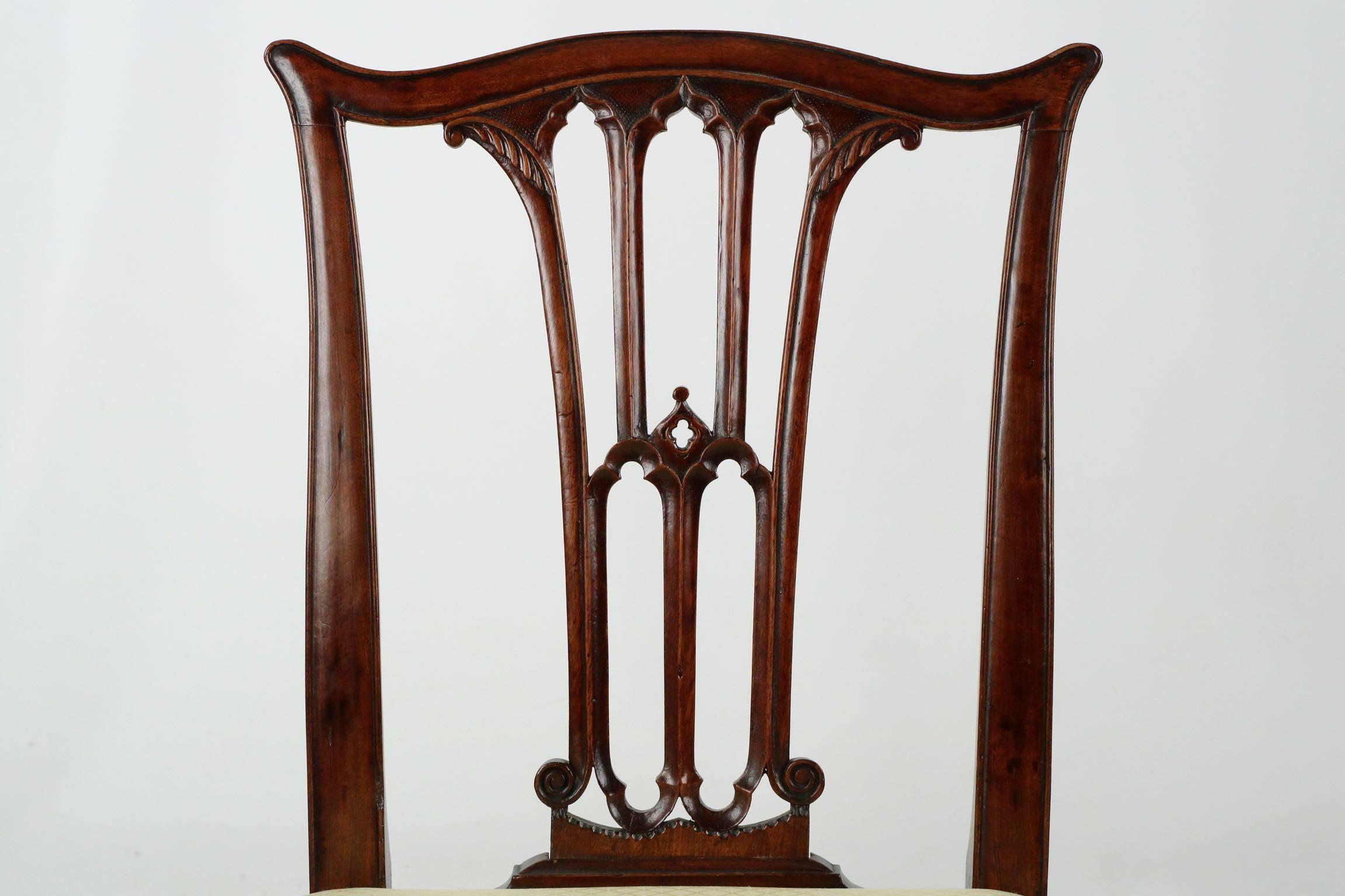 Late 18th Century Pair of English Chippendale Mahogany Side Chairs in Gothic Taste, circa 1780