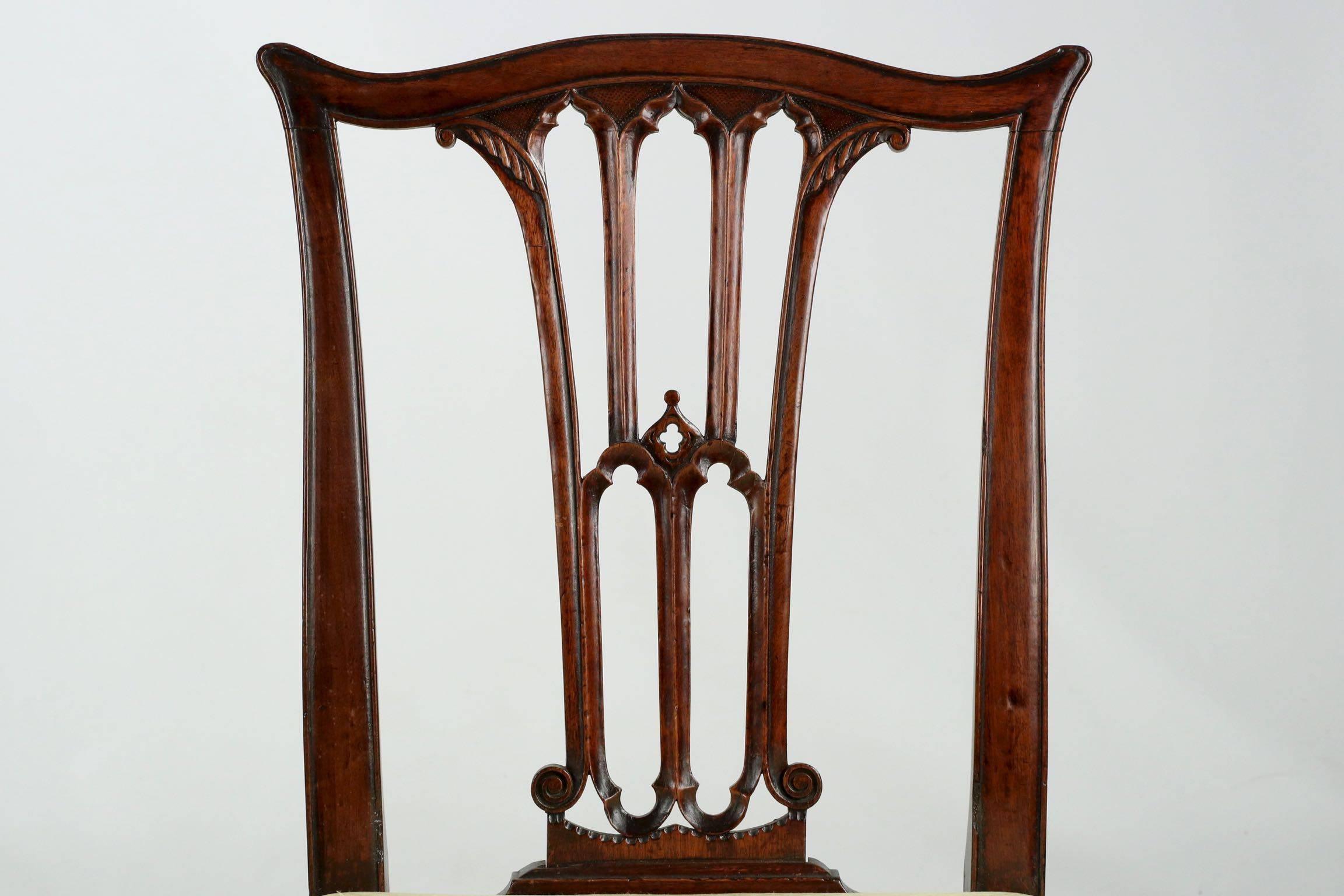 Fabric Pair of English Chippendale Mahogany Side Chairs in Gothic Taste, circa 1780