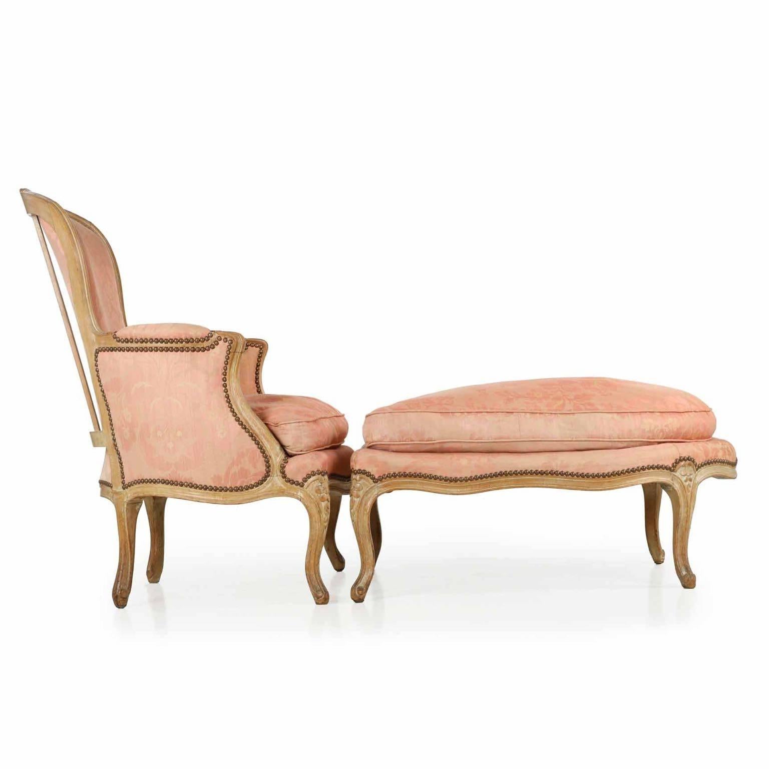 A Classic French two-part chaise longue in the duchesse brisee style, combining a lovely bergere and a long footstool. It is not simply a beautiful piece of craftsmanship to look on or to create aesthetic beauty in a room; the bergere and stool are