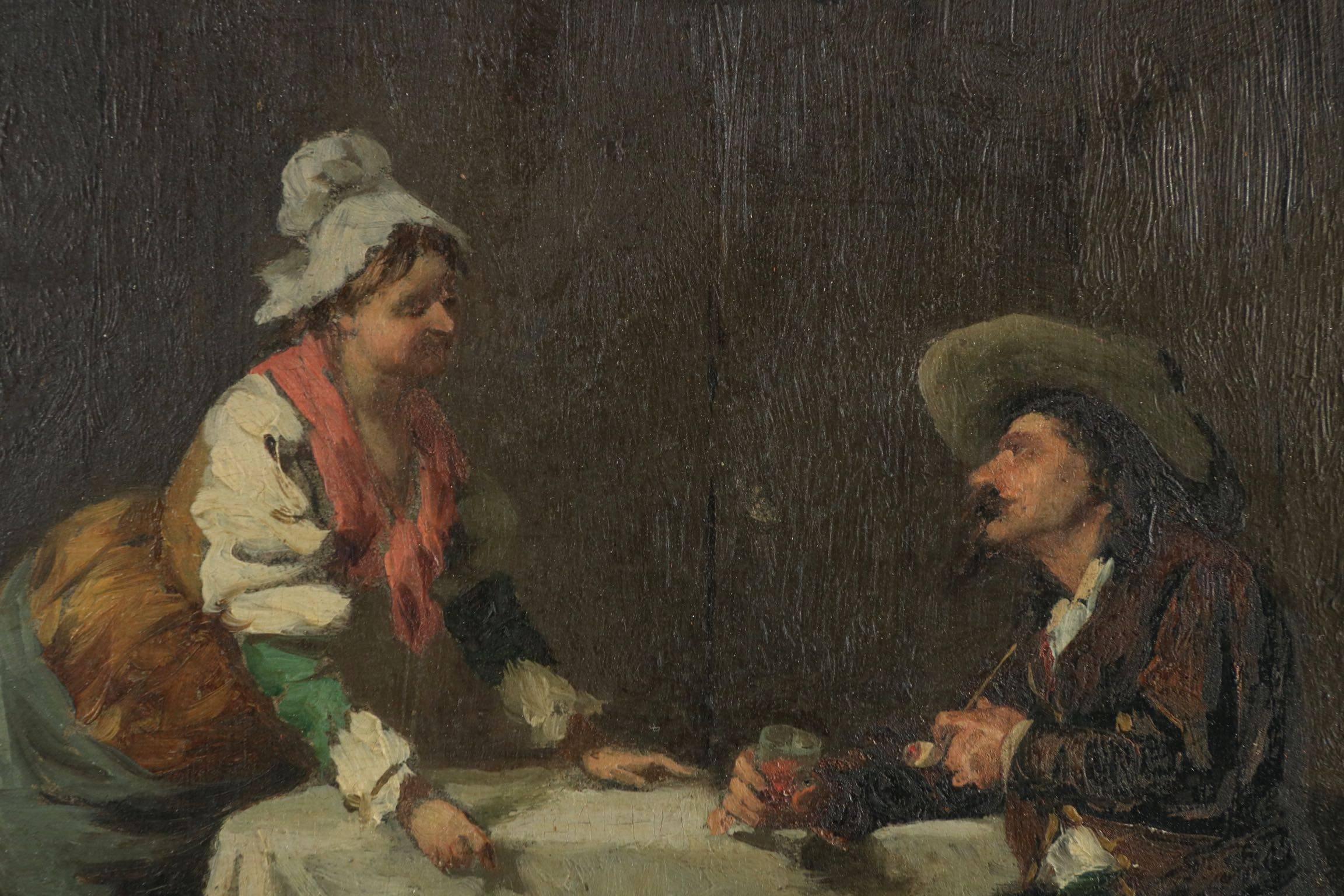 An impressionistic scene set inside a spare tavern with a fire burning on an open hearth somewhere deep in the background. The atmosphere in the tavern is authentically under-lit and secluded; a sense of yawning silence pervades, interrupted only by