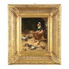 Continental Antique Painting of Maiden in Barnyard with Birds, 19th Century