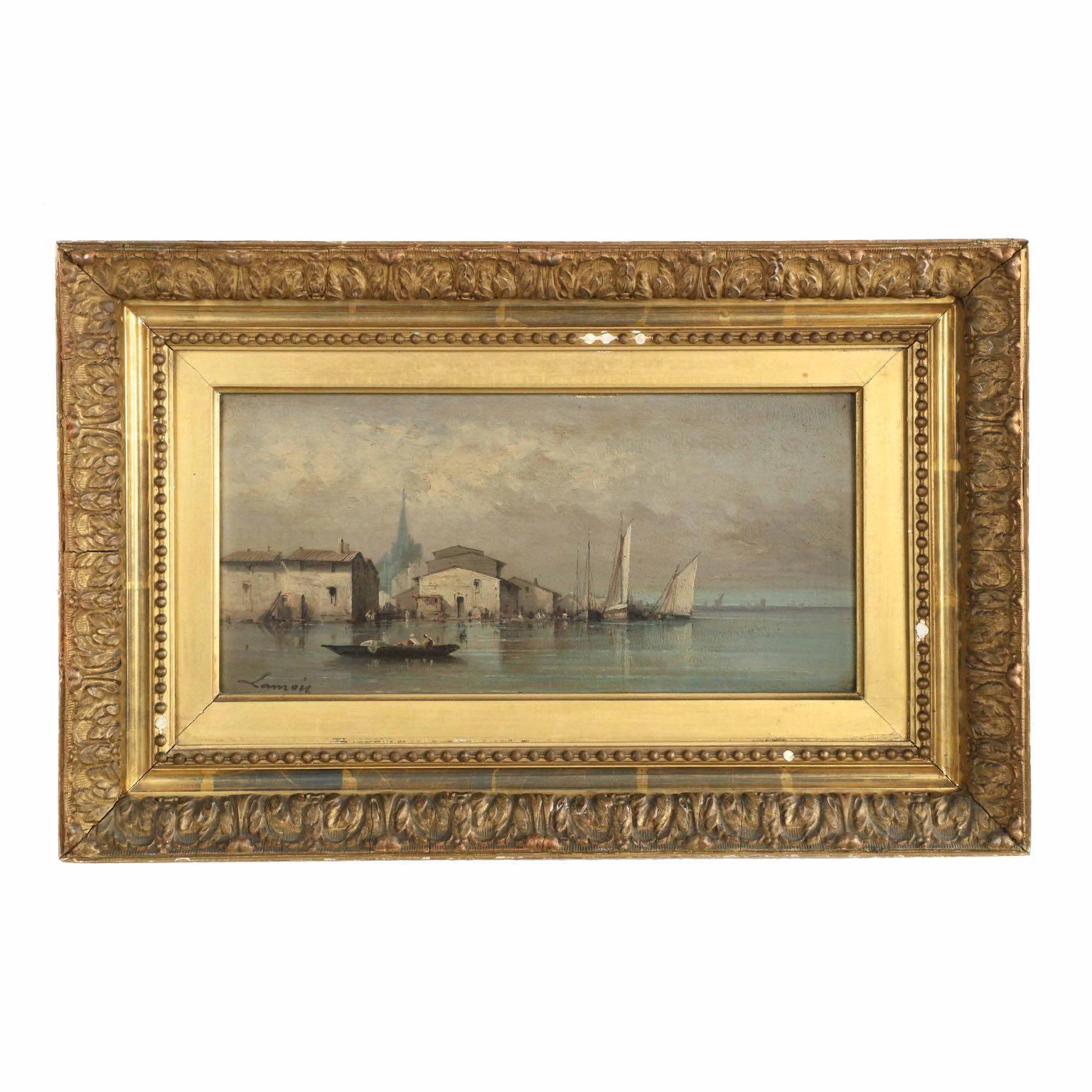 French Coastal Painting of Ships in Harbor by Lamois, 19th Century