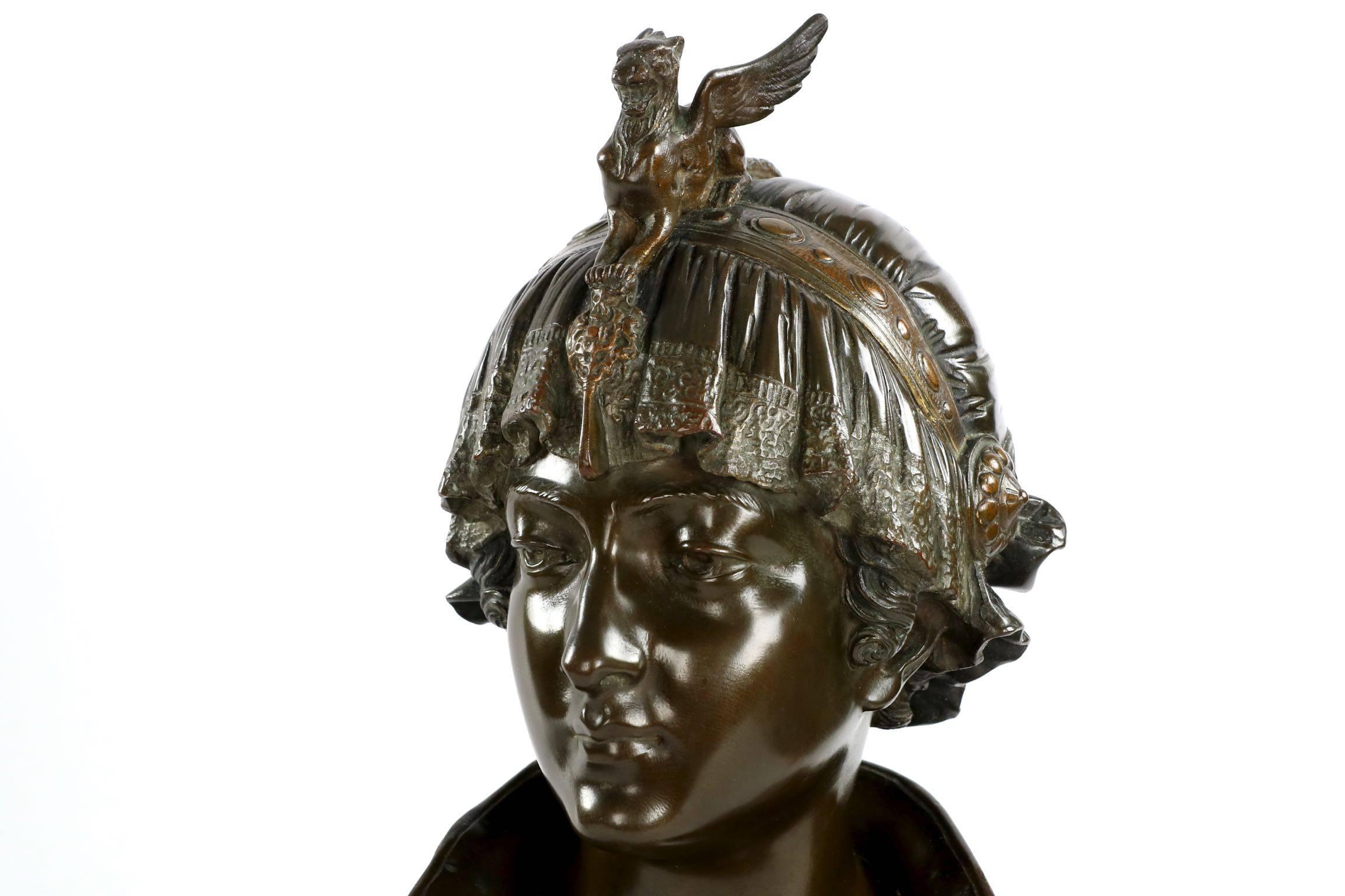 This exceptionally well cast bust is a most refined presentation with its red-oxide and deep brown experty cold-painted surfaces over crisp and inordinately finely chiselled bronze. The figure, identified as “Bianca" on the placard along the